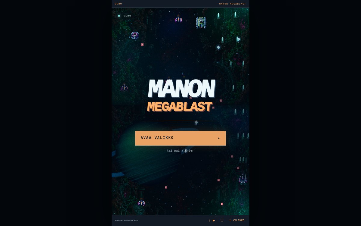 Manon MegaBlastin aloitusruutu ja taustalla pyörivä avaruuspelin demo.