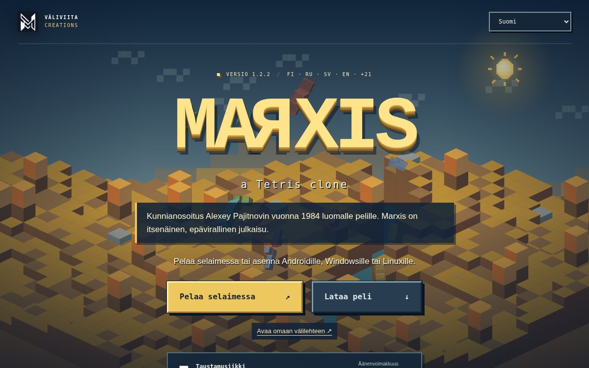 Marxis-palikkapelin aloitussivu ja vuodenaikojen mukaan vaihtuva maisema.
