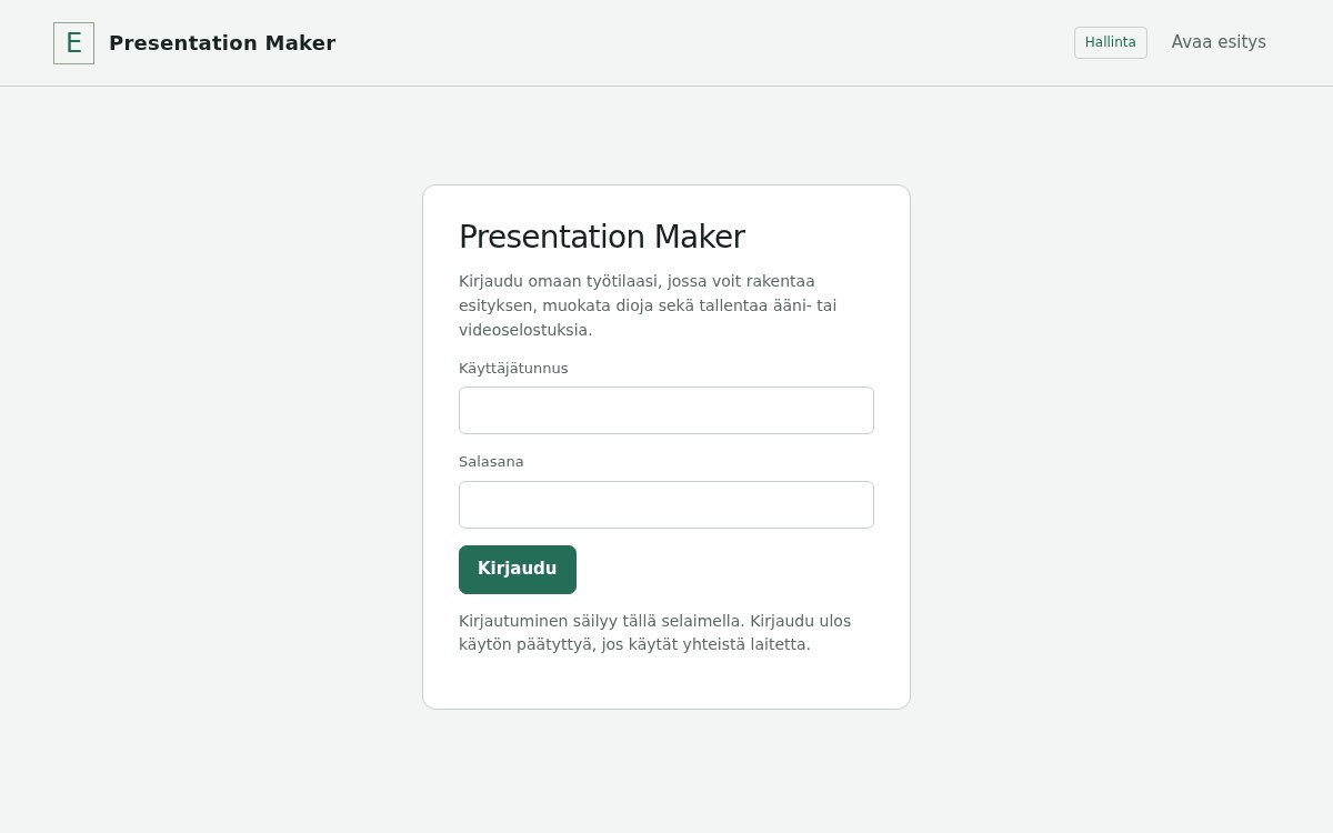 Presentation Makerin kirjautumisnäkymä.